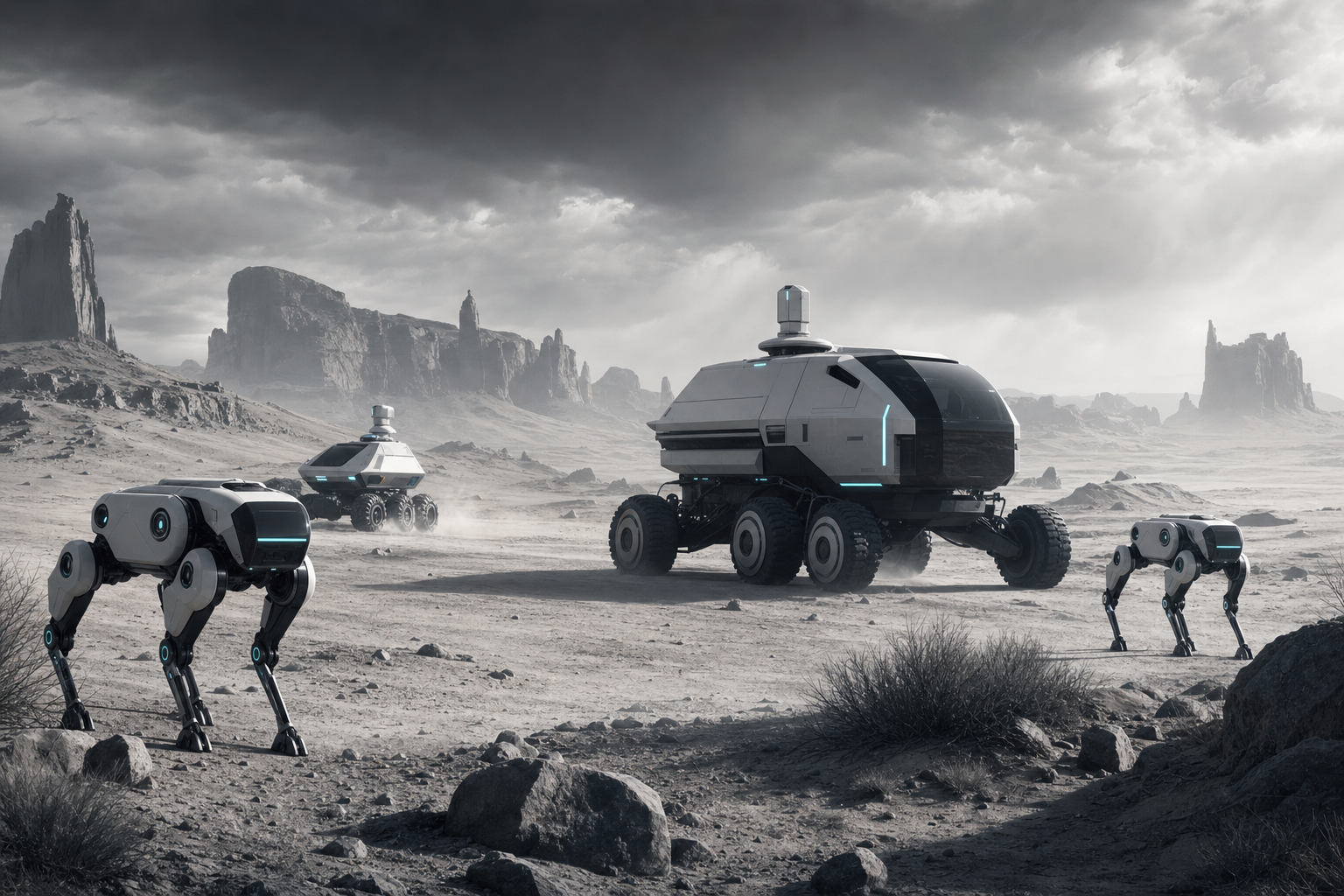 Robotic rovers and quadruped units in a desert
