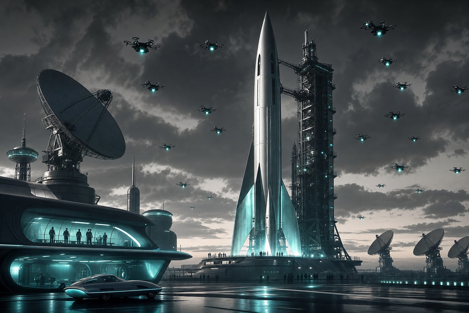 Rocket on a launch pad with drones and dishes